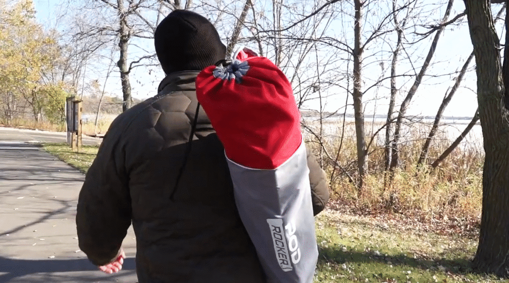 The GCI Pod Rocker is folded and packed into its carrying bag.